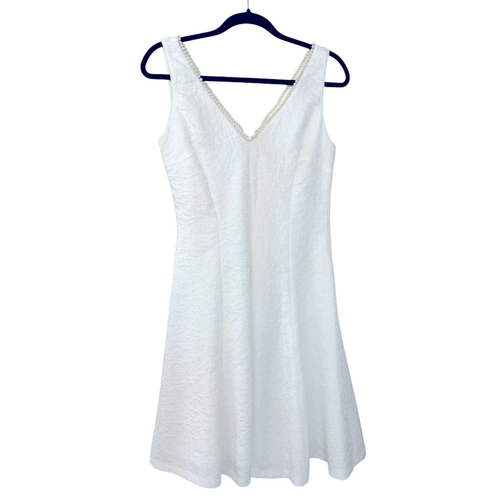 NWOT London Time Jacquard Print Pearl Accent Fit & Flare Midi Dress 4 White